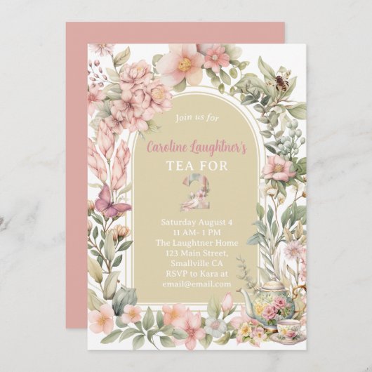 Whimsical Tee für zwei Wildblumen Garten Geburtsta Einladung (Vorne/Hinten)