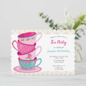 Whimsical Tee Party Geburtstag Teetassen Niedlich Einladung (Stehend Vorderseite)