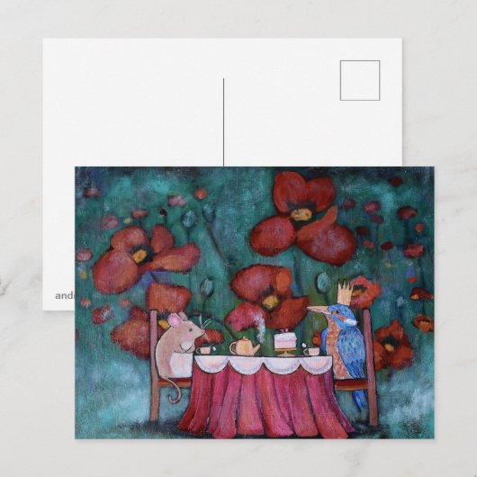Whimsical Tee Party Mouse and Bird Postkarte (Vorne/Hinten)