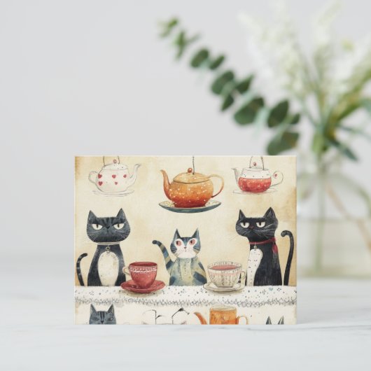 Whimsical Tee Pot Cats Postkarte (Stehend Vorderseite)