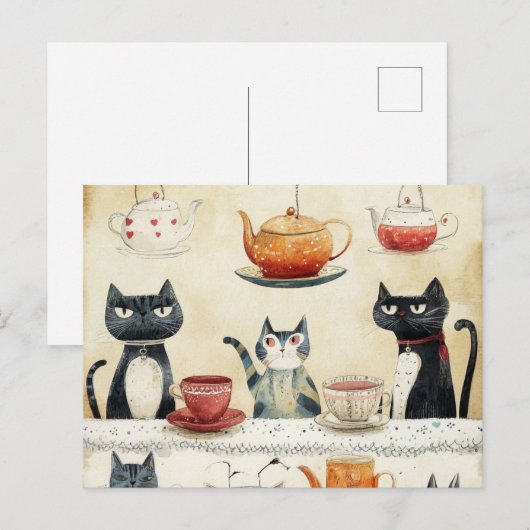 Whimsical Tee Pot Cats Postkarte (Vorne/Hinten)