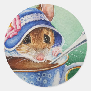 Whimsical Tee Time Maus Blue Bonnet Wasserfarbe Runder Aufkleber