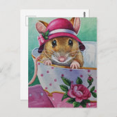 Whimsical Tee Time Maus rosa Bonnet Wasserfarbe Postkarte (Vorne/Hinten)