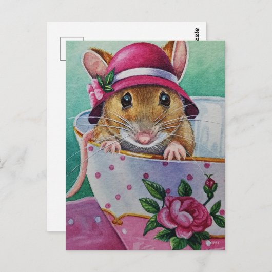 Whimsical Tee Time Maus rosa Bonnet Wasserfarbe Postkarte (Vorne/Hinten)