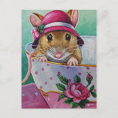 Whimsical Tee Time Maus rosa Bonnet Wasserfarbe Postkarte (Vorderseite)