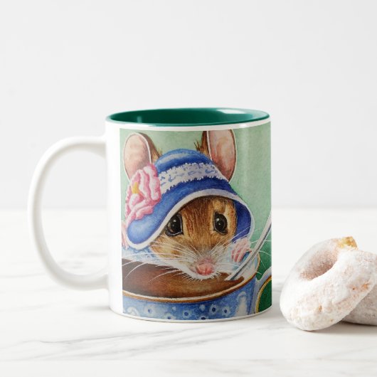 Whimsical Teezeit Maus Blue Bonnet Wasserfarbe Zweifarbige Tasse (Mit Donut)