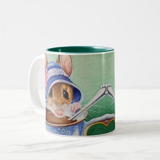Whimsical Teezeit Maus Blue Bonnet Wasserfarbe Zweifarbige Tasse (Vorderseite Links)