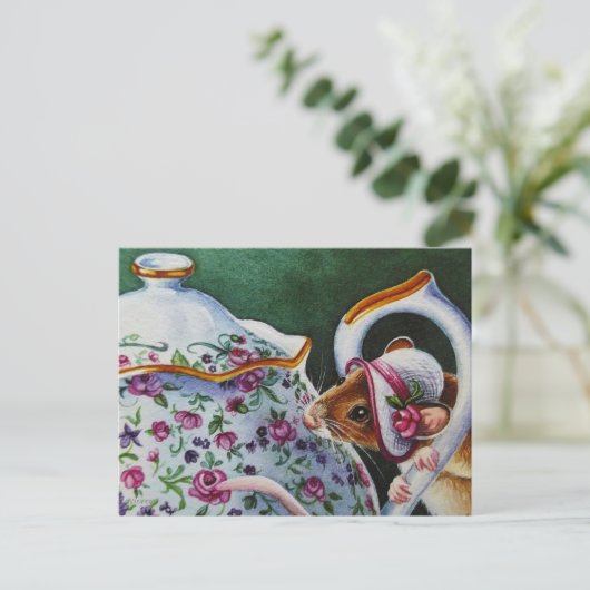 Whimsical Teezeit Maus weiß Bonnet Wasserfarbe Postkarte (Stehend Vorderseite)