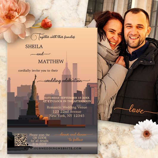 Whimsical Terra Cotta New York QR Foto Wedding Einladung