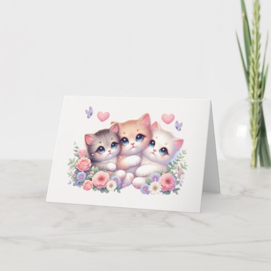 Whimsical Three-Kitten Pastel Floral Blank Karte (Vorderseite)