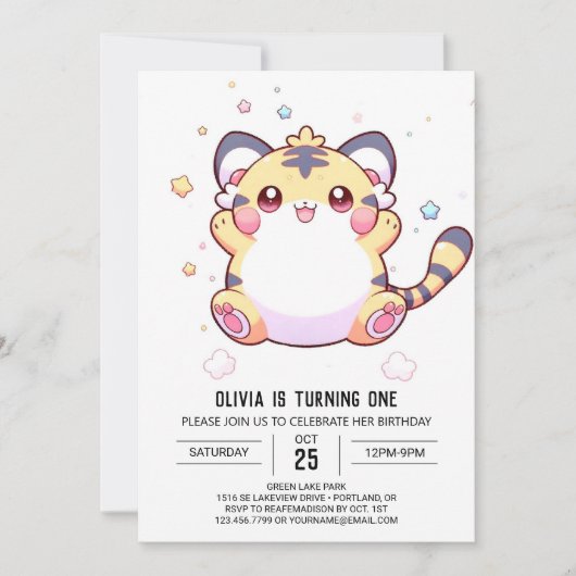 Whimsical Tiger 1. Geburtstag Einladung (Vorderseite)