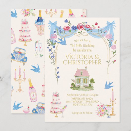 Whimsical Tini kleines Hochzeitshäuschen Einladung (Vorne/Hinten)