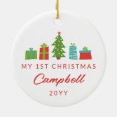 Whimsical Tree & Geschenke 1. Weihnachtsfest Foto Keramik Ornament (Hinten)