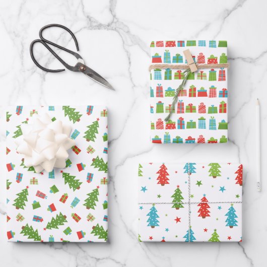 Whimsical Tree & Geschenke Weihnachtsmuster Geschenkpapier Set (Vorderseite)