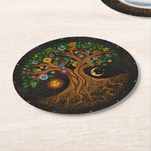 Whimsical Tree of Life - Yggdrasil Runder Pappuntersetzer (Angewinkelt)