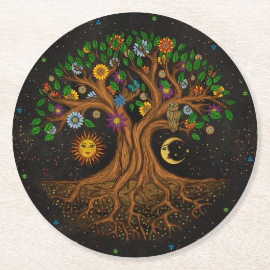 Whimsical Tree of Life - Yggdrasil Runder Pappuntersetzer (Vorderseite)