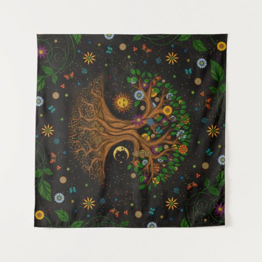 Whimsical Tree of Life - Yggdrasil Wandteppich (Vorderseite (Horizontal))