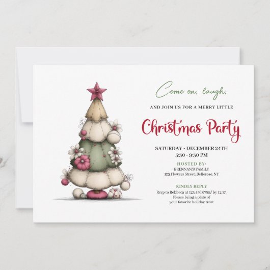 Whimsical tree red green festive party invitation einladung (Vorderseite)
