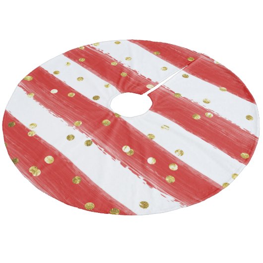Whimsical Tree Skirt - Red Stripes & Gold Accents! Fleece Weihnachtsbaumdecke (Schrägansicht)