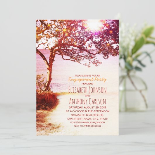Whimsical Tree Sunset Beach Engagement Party Einladung (Stehend Vorderseite)