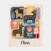 Whimsical Tribal Animals Floral Folk Art Fleecedecke (Vorderseite)