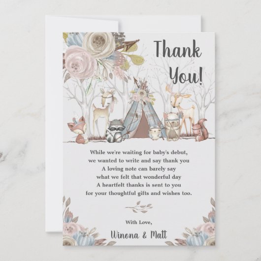 Whimsical Tribal Boho Woodland Animals Baby Dusche Dankeskarte (Vorderseite)
