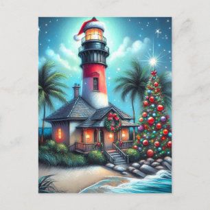 Whimsical Tropical Christmas Lighthouse Aquamarin Feiertagspostkarte