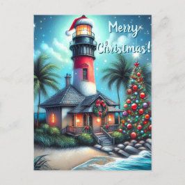 Whimsical Tropical Christmas Lighthouse Aquamarin  Feiertagspostkarte