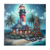 Whimsical Tropical Christmas Lighthouse Aquamarin Fliese (Vorderseite)