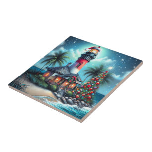 Whimsical Tropical Christmas Lighthouse Aquamarin Fliese