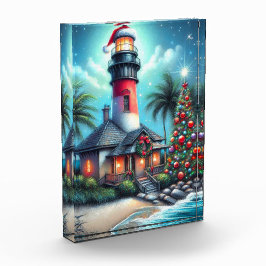 Whimsical Tropical Christmas Lighthouse Aquamarin  Fotoblock