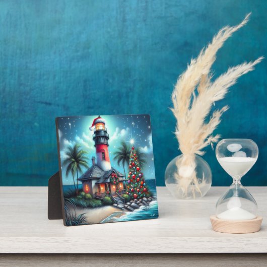 Whimsical Tropical Christmas Lighthouse Aquamarin  Fotoplatte (InSitu)