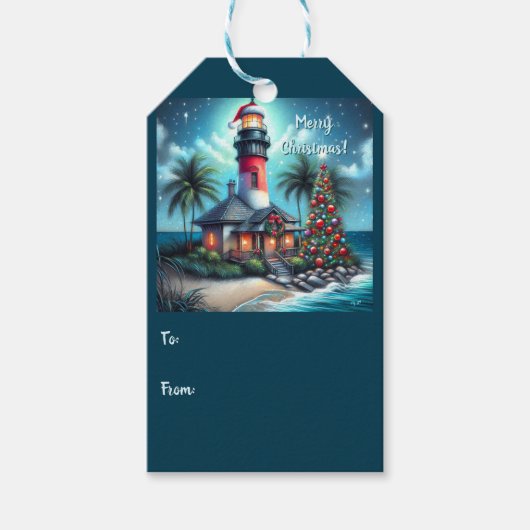 Whimsical Tropical Christmas Lighthouse Aquamarin Geschenkanhänger (Vorderseite)
