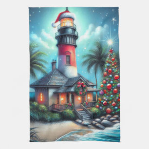Whimsical Tropical Christmas Lighthouse Aquamarin  Geschirrtuch