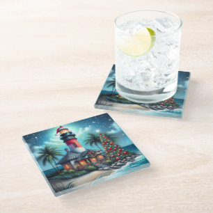 Whimsical Tropical Christmas Lighthouse Aquamarin  Glasuntersetzer