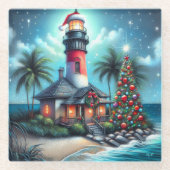 Whimsical Tropical Christmas Lighthouse Aquamarin  Glasuntersetzer (Vorderseite)