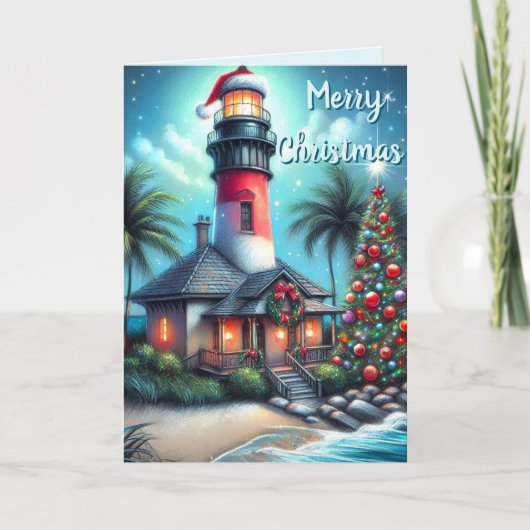 Whimsical Tropical Christmas Lighthouse Aquamarin  Karte (Vorderseite)