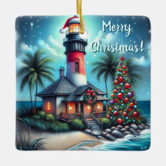Whimsical Tropical Christmas Lighthouse Aquamarin  Keramikornament (Vorderseite)