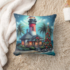 Whimsical Tropical Christmas Lighthouse Aquamarin  Kissen