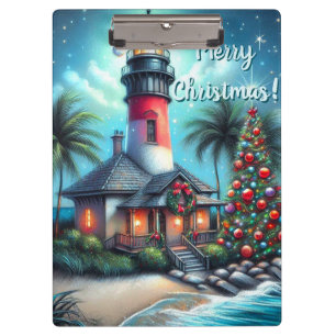 Whimsical Tropical Christmas Lighthouse Aquamarin Klemmbrett