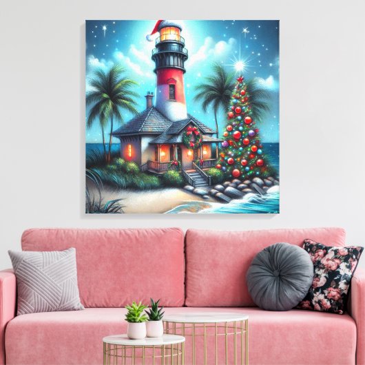 Whimsical Tropical Christmas Lighthouse Aquamarin  Leinwanddruck (Insitu (Wohnzimmer))