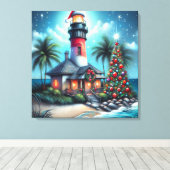 Whimsical Tropical Christmas Lighthouse Aquamarin  Leinwanddruck (Insitu (Holzboden))