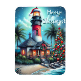 Whimsical Tropical Christmas Lighthouse Aquamarin  Magnet