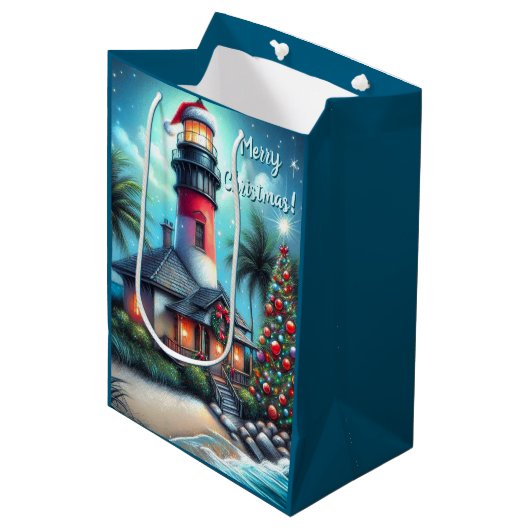 Whimsical Tropical Christmas Lighthouse Aquamarin Mittlere Geschenktüte (Vorderseite Schrägansicht)