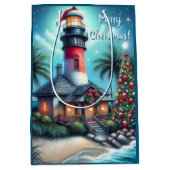 Whimsical Tropical Christmas Lighthouse Aquamarin Mittlere Geschenktüte (Vorderseite)