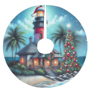 Whimsical Tropical Christmas Lighthouse Aquamarin Polyester Weihnachtsbaumdecke