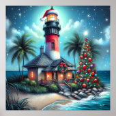 Whimsical Tropical Christmas Lighthouse Aquamarin Poster (Vorne)