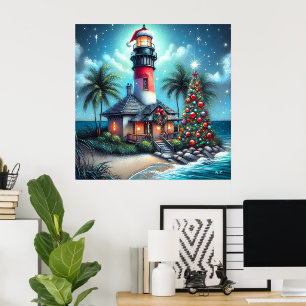 Whimsical Tropical Christmas Lighthouse Aquamarin Poster