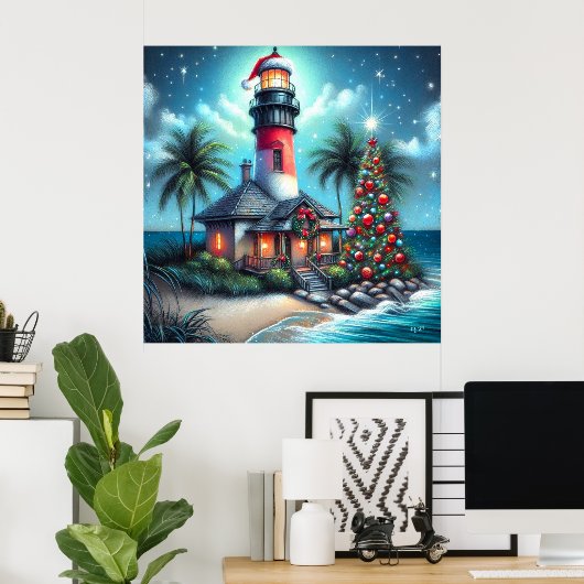 Whimsical Tropical Christmas Lighthouse Aquamarin  Poster (Heimbüro)