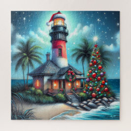 Whimsical Tropical Christmas Lighthouse Aquamarin  Puzzle